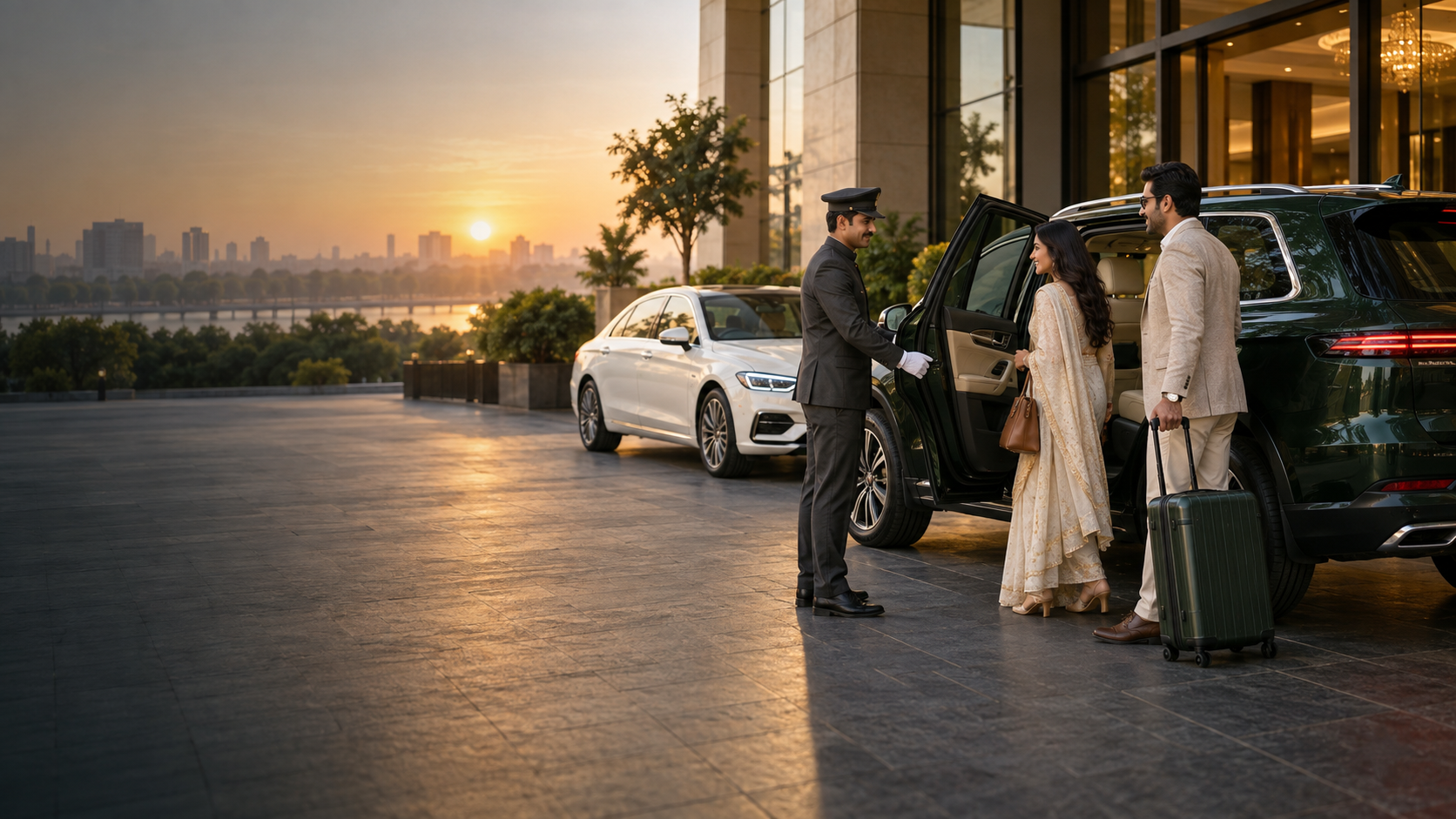 Chauffeur welcoming guests beside premium rental cars in Ahmedabad