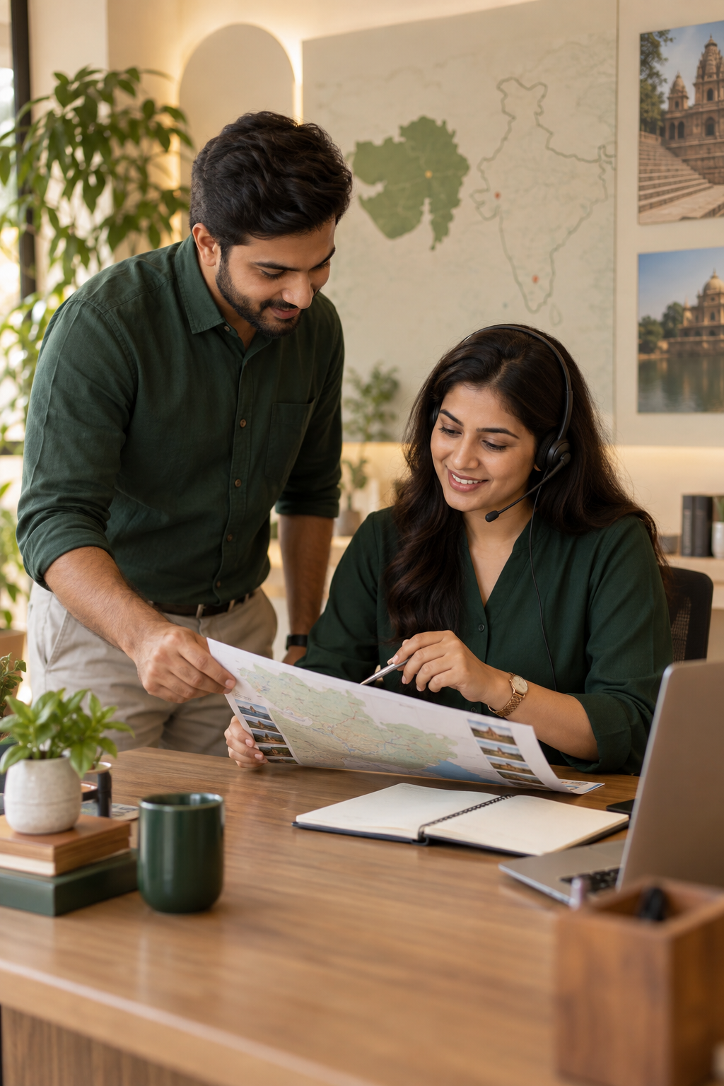 Travel coordinators planning a guest journey together