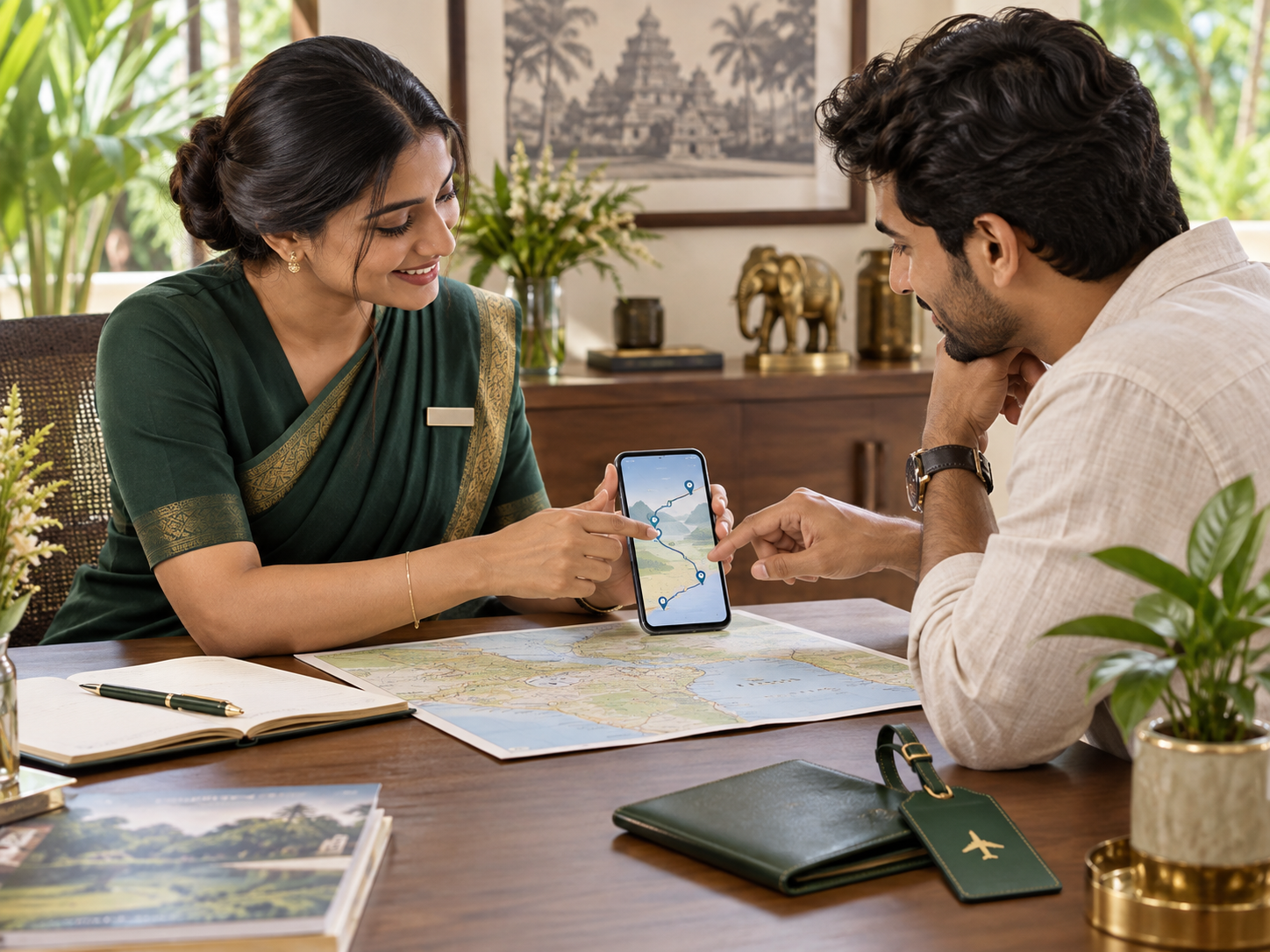 Travel coordinator helping a guest plan a simple journey